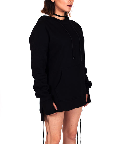 Black West Side-lace Extended Hoodie - W