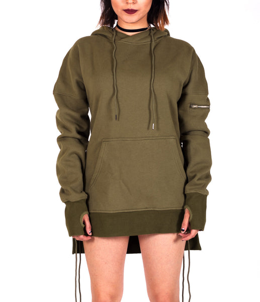 Olive West Side-lace Extended Hoodie - W