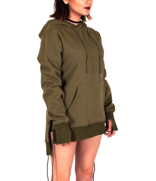 Olive West Side-lace Extended Hoodie - W
